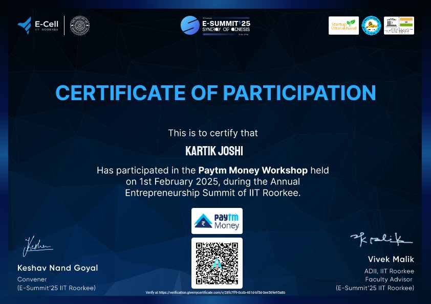 Paytm-workshop (IIT Roorkee) Certificate
